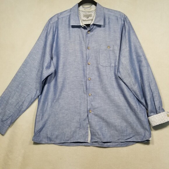 Ted Baker Shirt Mens 6 Blue Long Sleeve Button Down Dress Pocket Linen Blend - Picture 1 of 10